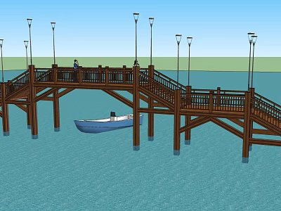 Scenic Wooden Landscape Bridge Over Calm Water With Small Boat And Street Lamps 3d model