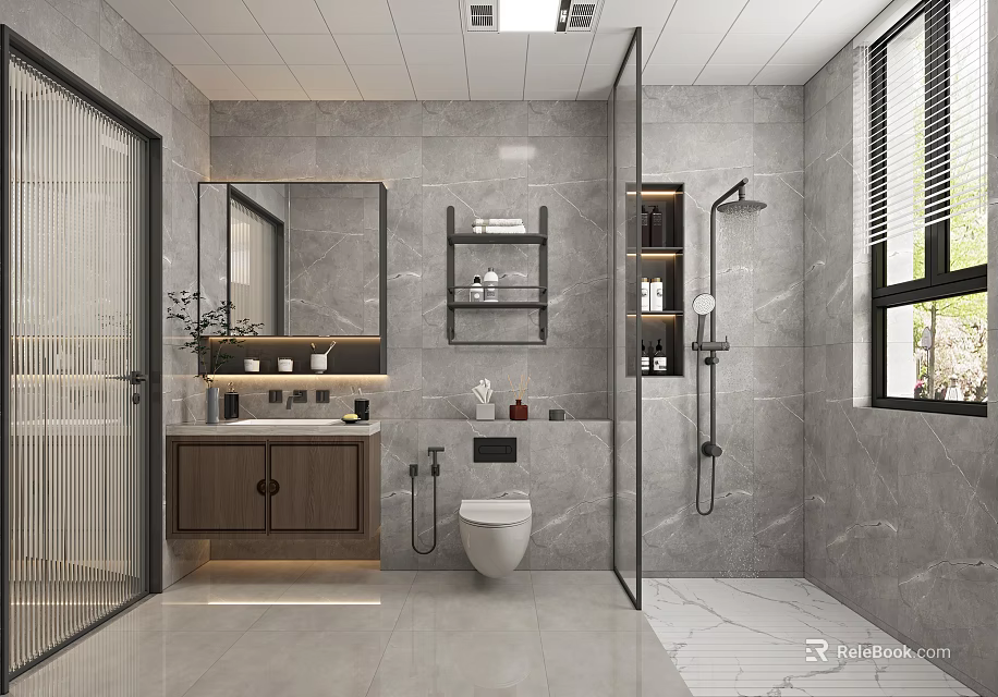 Modern Bathroom With Gray Marble Walls Shower Area Toilet And Vanity Mirror 3d model 