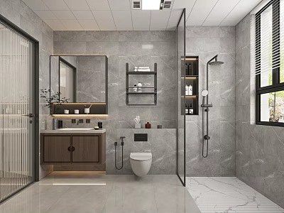 Modern Bathroom With Gray Marble Walls Shower Area Toilet And Vanity Mirror 3d model