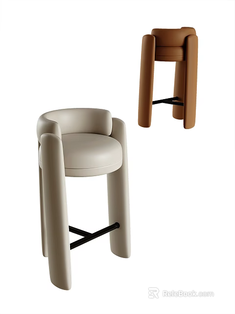 Beige And Brown Modern Leather Bar Stool With Armrest And Cross Base 3d model 