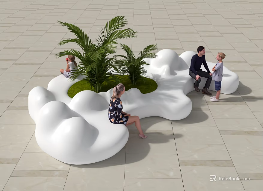 Modern White Cloud Shaped Public Chair With People Sitting And Green Plants In Outdoor Public Space 3d model 