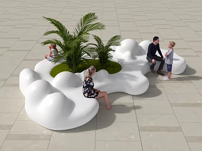 Modern White Cloud Shaped Public Chair With People Sitting And Green Plants In Outdoor Public Space 3d model