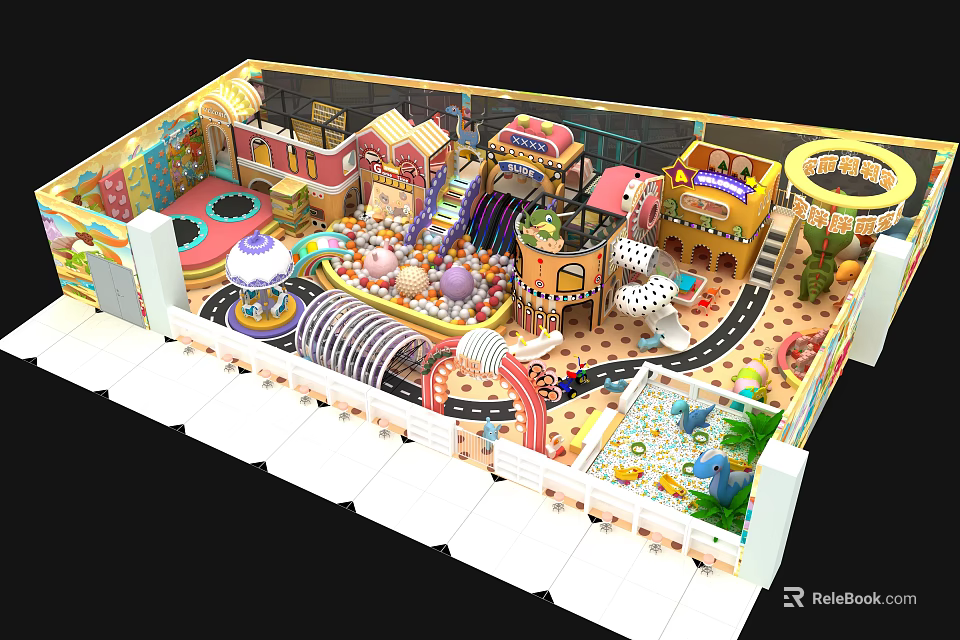 Colorful Indoor Playground Equipment With Slides Trampolines Play Houses And Ball Pits 3d model 