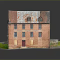 Old Red Brick Building Model Featuring Rusted Metal Roof Multiple Windows Red Doors