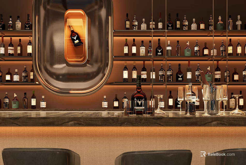 Modern Bar Interior Design With Wine Racks Full Of Bottles And Leather Chairs 3d model 