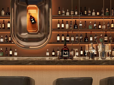 Modern Bar Interior Design With Wine Racks Full Of Bottles And Leather Chairs 3d model
