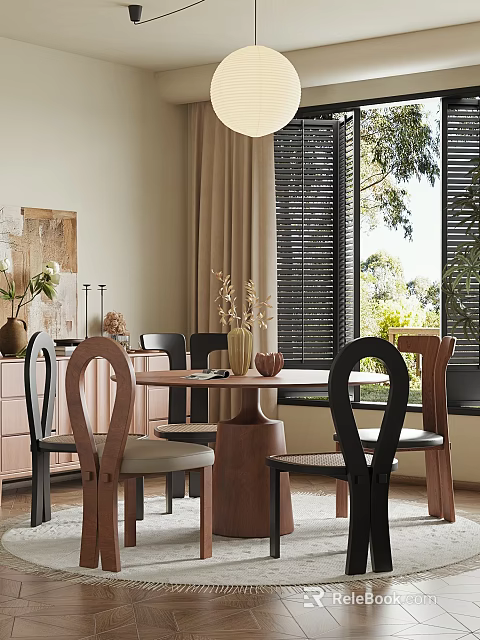 Modern Restaurant Interior With Round Table Various Designed Chairs Vases Decorations Blinds And Green Plants 3d model 
