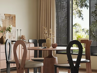 Modern Restaurant Interior With Round Table Various Designed Chairs Vases Decorations Blinds And Green Plants 3d model
