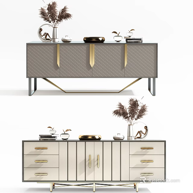 Elegant Modern Console And Side Cabinet With Drawer Door Metal Handle And Tabletop Decor Items 3d model 