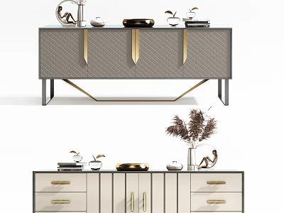 Elegant Modern Console And Side Cabinet With Drawer Door Metal Handle And Tabletop Decor Items 3d model