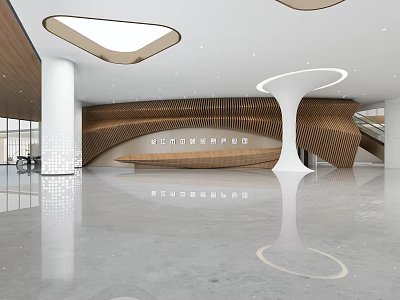 Modern Front Desk Reception With Curved Wooden Panels And Spacious Lobby Design 3d model