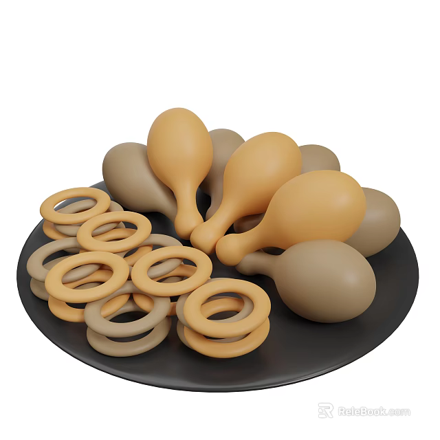 Pile Of Golden Brown Fried Onion Rings And Drumsticks On Black Plate 3d model 