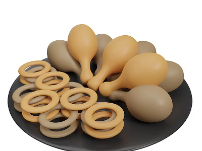 Pile Of Golden Brown Fried Onion Rings And Drumsticks On Black Plate 3d model