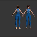 Humanoid Female Character In Blue Bodysuit With Double Bun Hairstyle Arm Bands Orange Shoes