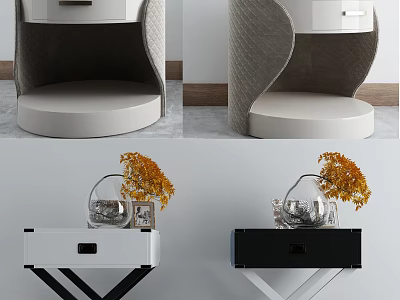 Modern Nightstand With Curved Fabric Panels White Black Finish And Vase 3d model