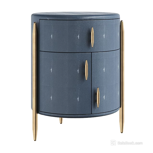 Round Modern Navy Blue Bedside Table With Gold Handles And Storage Space 3d model 
