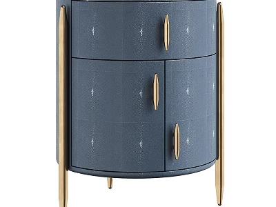 Round Modern Navy Blue Bedside Table With Gold Handles And Storage Space 3d model