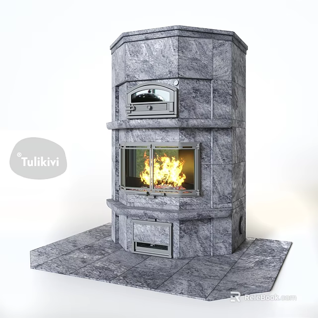 Elegant Modern Gray Stone Fireplace With Burning Fire And Multi Tiered Design 3d model 