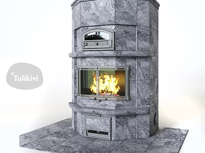 Elegant Modern Gray Stone Fireplace With Burning Fire And Multi Tiered Design 3d model