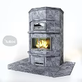 Elegant Modern Gray Stone Fireplace With Burning Fire And Multi Tiered Design