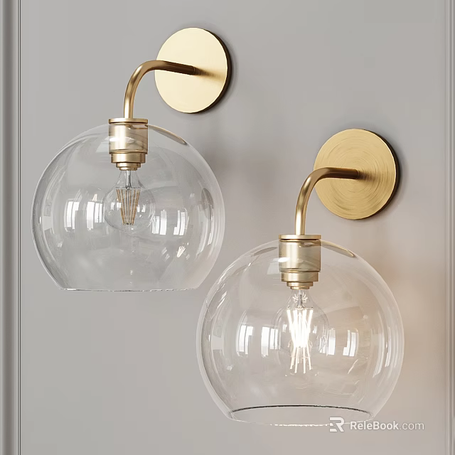 Modern Brass Wall Sconces With Clear Glass Globe Shades Mounted On Gray Wall 3d model 