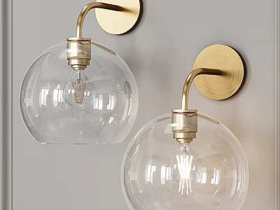 Modern Brass Wall Sconces With Clear Glass Globe Shades Mounted On Gray Wall 3d model