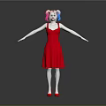 Character In Red Dress Pink Blue Pigtails White Skin Red Shoes Arms Outstretched Gray Background