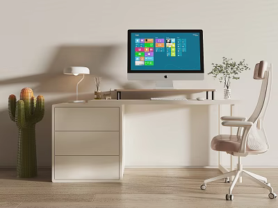 Modern White Desk Setup With Monitor Table Lamp Cactus And Ergonomic Chair 3d model