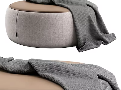 Round Light Gray Beige Ottoman With Soft Gray Blanket For Living Space 3d model
