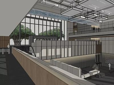 Modern Front Desk Reception Lobby With Large Windows Glass Partitions And Wooden Elements 3d model