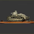 Detailed Military Vehicle Tank Model with Tracks and Turret on Wooden Display Base