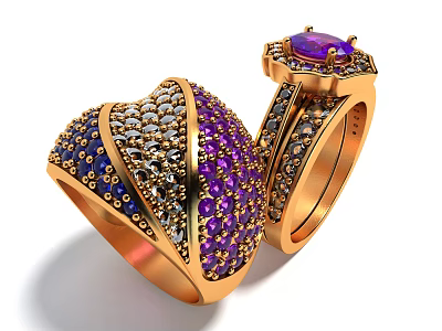 Luxury Gold Rings Set with Purple Blue Stones and Sparkling Diamonds 3d model