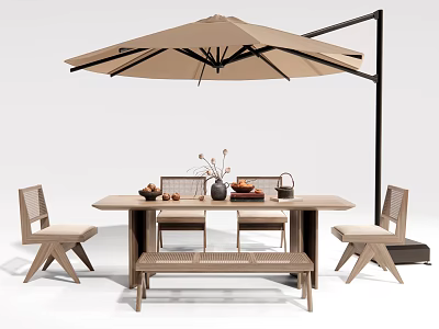 Wooden Outdoor Dining Table With Cantilever Umbrella Chairs And Decorative Centerpiece In Patio Setting 3d model