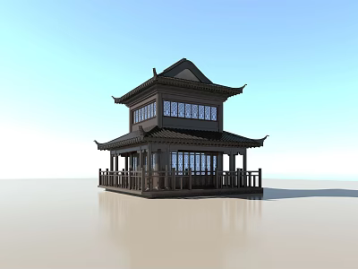Traditional Ancient Chinese Architecture With Two Story Structure Curved Eaves Wooden Windows And Spacious Platform 3d model