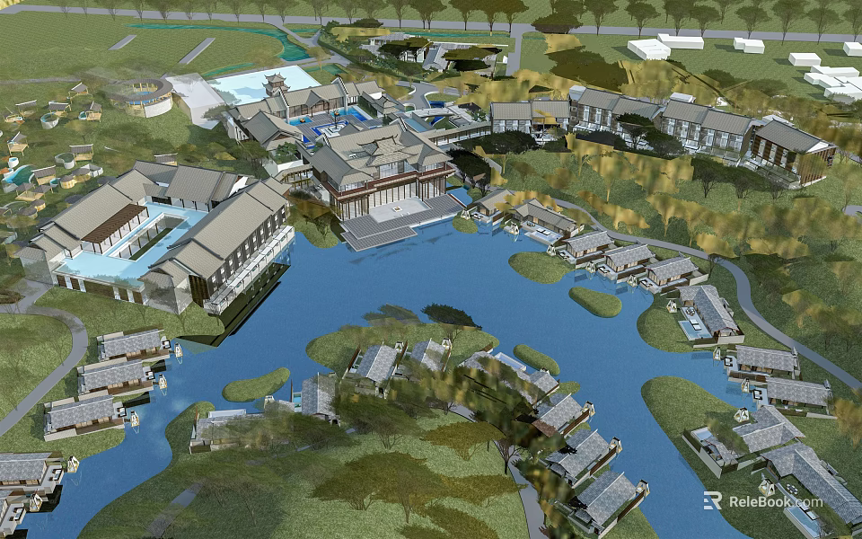 Multiple Boutique Hotel Buildings Surrounded by Waterside Greenery and Scenic Views 3d model 