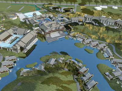 Multiple Boutique Hotel Buildings Surrounded by Waterside Greenery and Scenic Views 3d model