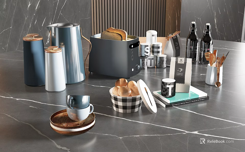 Stylish Home Decorative Ornament Set With Coffee Mugs Canisters And Kitchenware 3d model 