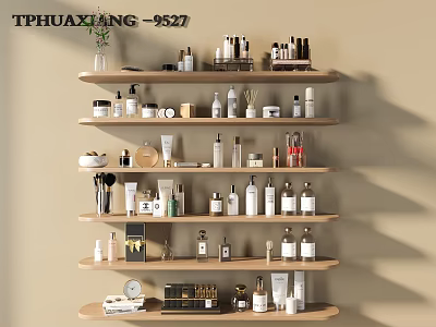 Perfume And Cosmetics Display Shelf With Various Bottles And Skincare Products 3d model