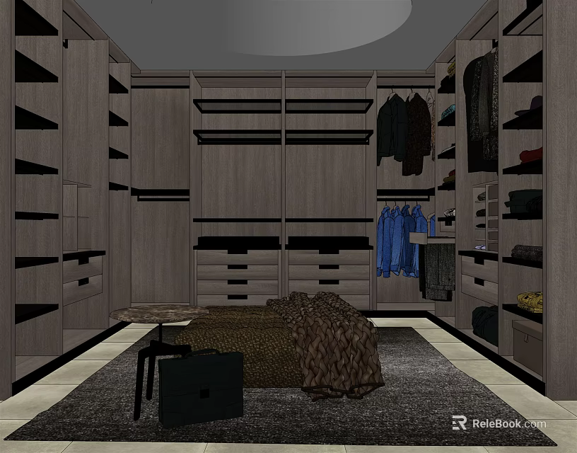 Modern Spacious Walk-in Closet With Wooden Shelves Drawers Hanging Rods Carpet And Small Table 3d model 