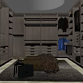 Modern Spacious Walk-in Closet With Wooden Shelves Drawers Hanging Rods Carpet And Small Table