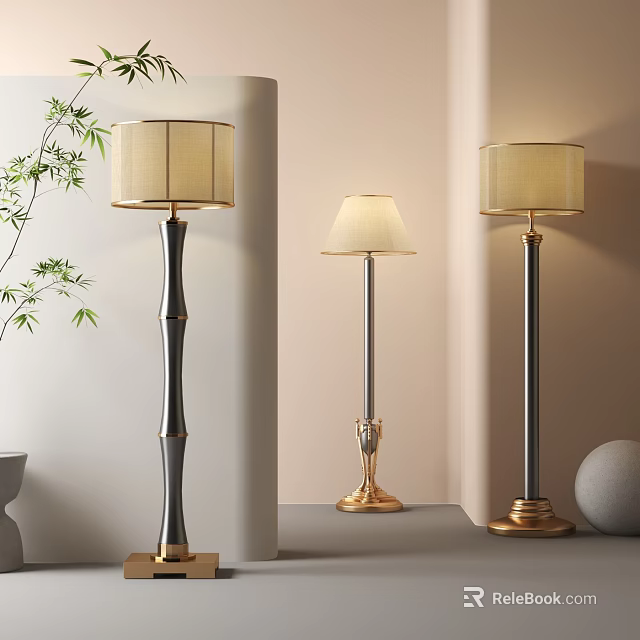Modern Bamboo Design Floor Lamps With Gold Base And Beige Shade For Living Room Interior 3d model 