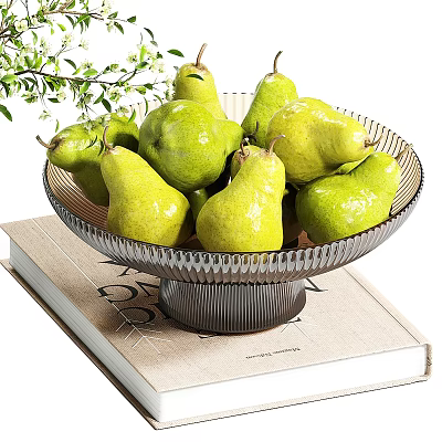 Fresh Green Pears in Decorative Glass Bowl on Open Book With Fresh Green Leaves 3d model