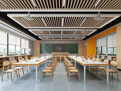 School Classroom Interior With Wooden Slat Ceiling Blackboard Windows And Neatly Arranged Tables Chairs 3d model