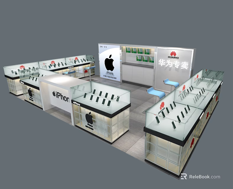 Digital Store Interior With Glass Display Counters Apple Logo Huawei Section And Mobile Phones 3d model 