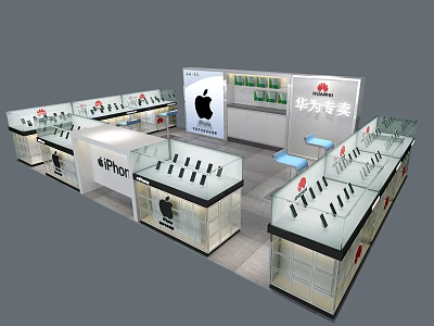 Digital Store Interior With Glass Display Counters Apple Logo Huawei Section And Mobile Phones 3d model