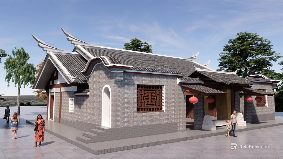 Traditional Chinese Architecture With Overhanging Eaves Carved Window Red Lanterns And Green Trees Nearby 3d model 