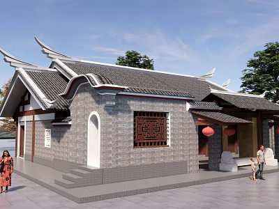 Traditional Chinese Architecture With Overhanging Eaves Carved Window Red Lanterns And Green Trees Nearby 3d model