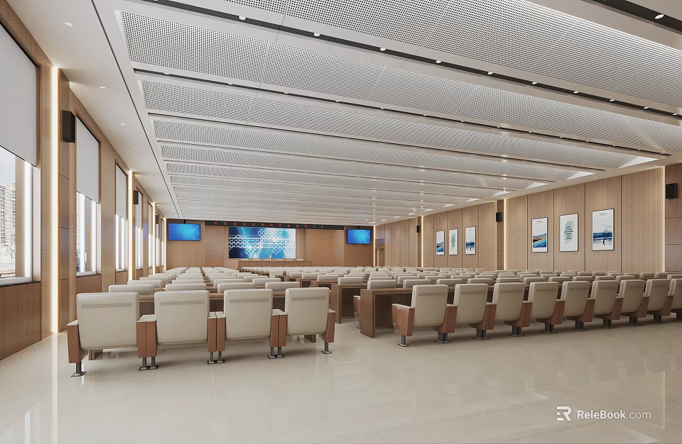 Spacious Conference Room With Rows of Chairs Large Screens Wooden Walls and Ceiling Design 3d model 