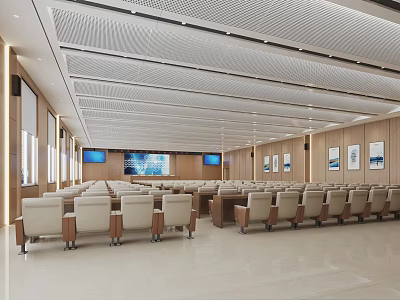 Spacious Conference Room With Rows of Chairs Large Screens Wooden Walls and Ceiling Design 3d model