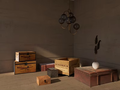 Vintage Wooden Boxes And Storage Trunks In Rustic Room With Hanging Lamp 3d model